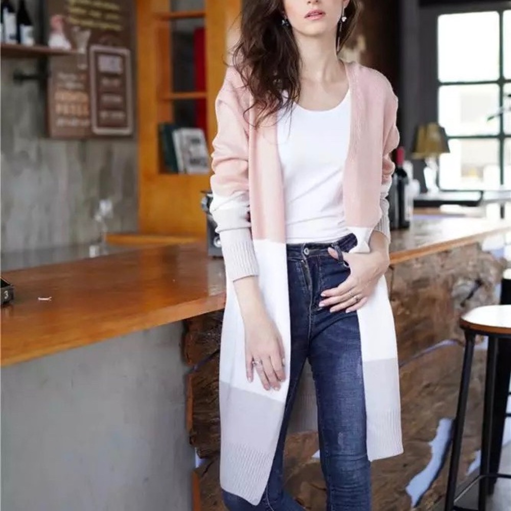 Boho Color Block Knit Oversized Cardigan WHITE